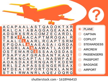 Word search puzzle about aviation. Visual test to play finding the hidden words in the horizontal, vertical and diagonal rows. Vector image in cartoon style, available in EPS 10.