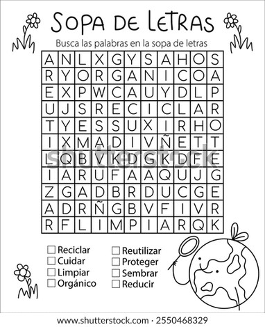 Word search puzzle about the environment or planet earth, word search game for kids, printable educational resources for elementary school children in Spanish
