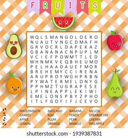  Rompecabezas de búsqueda de palabras sobre frutos. Juego educativo para aprender palabras en inglés. Crucigrama de Kawaii para niños. Ilustración vectorial. 