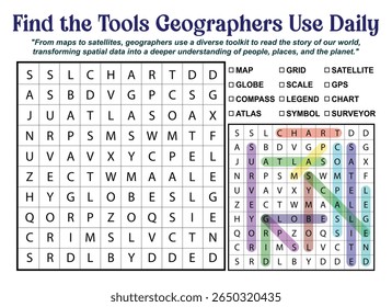 Word search puzzle about geography tools. Includes words like map, globe, atlas, chart, and satellite.