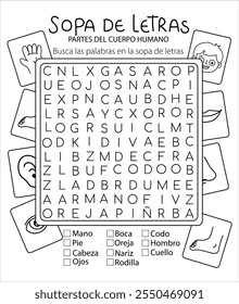 Word search puzzle about human body parts, word search game for kids, printable educational resources for elementary school children in Spanish