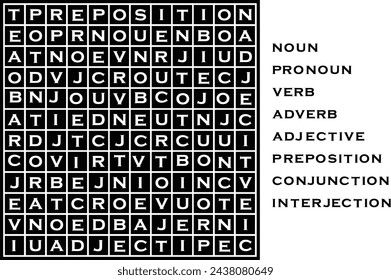 Word search puzzle about the kinds of parts of speece. Educational game for learning English words.. Vector illustration.