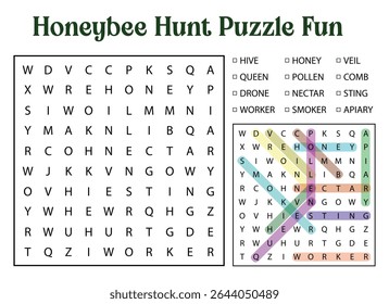 A word search puzzle with bee related terms, and a solved version with highlighted words, perfect for educational activities.