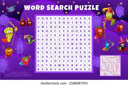 Word search puzzle with cartoon berry wizards, mages, warlocks and fairy. Kids quiz grid vector worksheet to find strawberry magician word, raspberry sorcerer with magic wand, grape and cherry