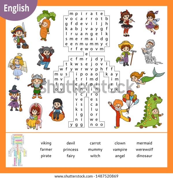 Word Search Puzzle Cartoon Characters Halloween Stock Vector