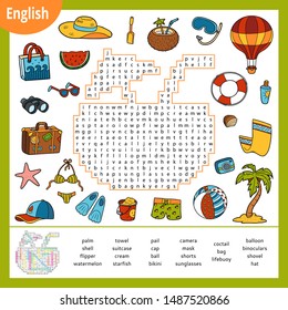 Word search puzzle. Cartoon set of summer and holidays objects, palm, cocktail, bikini, ball. Education game for children. Vector colour worksheet for learning English