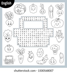 Word search puzzle. Cartoon set of vegetables, cucumber, tomato, potato, pepper, carrot. Education game for children. Vector black and white worksheet for learning English