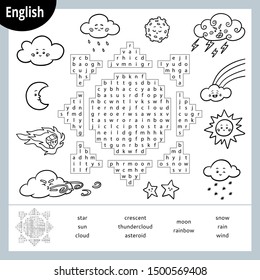 Word search puzzle. Cartoon weather items, clouds, sun, stars, moon. Education game for children. Vector black and white worksheet for learning English