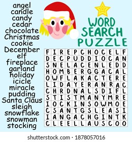 Word search puzzle for childish Christmas stock vector illustration. Help the elf to find all hidden words. Funny educational winter holidays printable page for kids. Word game with elf colorful page