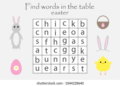 Word search puzzle for children, easter theme, fun education game for kids, preschool worksheet activity, vector illustration