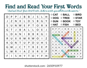 A word search puzzle for children to find and read their first words, with a list of words.