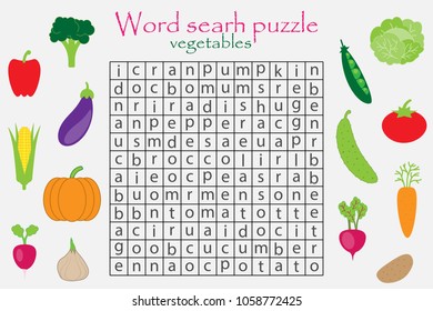 Word search puzzle for children, vegetables theme, fun education game for kids, preschool worksheet activity, vector illustration