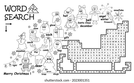 Word Search Puzzle. Christmas sled with words and illustrations. Find the words. Logic game to learn English. Task for children, adults.