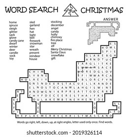 Word Search Puzzle. Christmas Sleigh. Zigzag Words Go Right, Left, Down, Up, At Right Angles, Letter Used Only Once. Find Words. Logic Game For Learning English. Worksheet For Kids, Adults.
