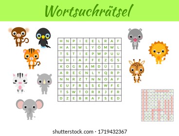 Wortsuchrätsel - Word search puzzle. Clip cards game template. Kids activity worksheet colorful printable version. Educational game for study German words. Includes answers. Vector stock illustration