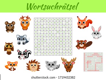 Wortsuchrätsel - Word Search Puzzle. Clip Cards Game Template. Kids Activity Worksheet Colorful Printable Version. Educational Game For Study German Words. Includes Answers. Vector Stock Illustration