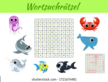 Wortsuchrätsel - Word search puzzle. Clip cards game template. Kids activity worksheet colorful printable version. Educational game for study German words. Includes answers. Vector stock illustration