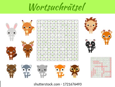 Wortsuchrätsel - Word search puzzle. Clip cards game template. Kids activity worksheet colorful printable version. Educational game for study German words. Includes answers. Vector stock illustration