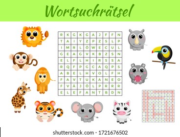 Wortsuchrätsel - Word Search Puzzle. Clip Cards Game Template. Kids Activity Worksheet Colorful Printable Version. Educational Game For Study German Words. Includes Answers. Vector Stock Illustration