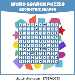 Word search puzzle. Crossword with geometric shapes. Vector education game for children. Mini-game for children.