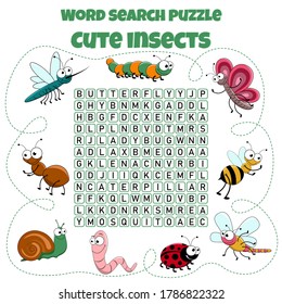 Word search puzzle. Crossword with insects. Cute insects. Vector education game for children. Mini-game for children. Crossword for kids.