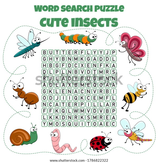 単語検索パズル 昆虫とクロスワード かわいい虫 子ども向けのベクター教育ゲーム 子ども向けミニゲーム 子供のクロスワード のベクター画像素材 ロイヤリティフリー