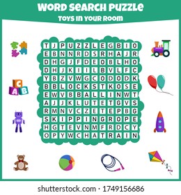 Word search puzzle. Crossword with toys. Toys in your room. Education game for children. Mini-game for children. Vector illustration.