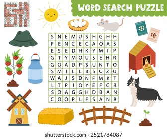 Word search puzzle with cute farm objects and characters. Find the hidden words activity page for kids. Perfect for school and preschool. Vector illustration