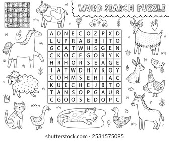 Quebra-cabeça de busca de palavras com animais de fazenda bonitos. Localizar a página de atividade de palavras ocultas para crianças. Perfeito para a escola e pré-escola. Ilustração vetorial