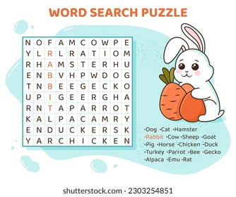 Rompecabezas de búsqueda de palabras con animales domésticos y mascotas. Juego educativo para niños. Crossword para aprender inglés. Rompecabezas ortográfico de dibujos animados. Prueba para niños. ... Ilustración vectorial.