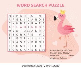 Word search puzzle with exotic birds. Education game for children. Colorful crossword for Learning English language. Cartoon spelling puzzle. Test for kids. Vector illustration.