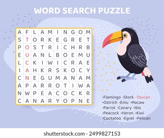 Word search puzzle with exotic birds. Education game for children. Colorful crossword for Learning English language. Cartoon spelling puzzle. Test for kids. Vector illustration.