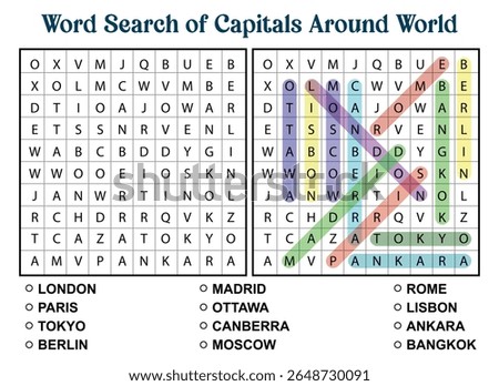 Word search puzzle featuring capitals around the world, some words are highlighted. Educational game for kids and adults.