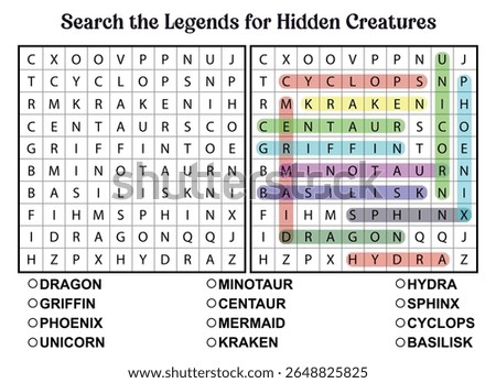 Word search puzzle featuring mythical creatures. Activity for kids or adults. Includes a list of creatures to find. Educational game.