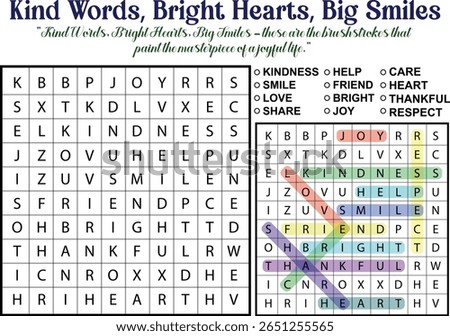 A word search puzzle featuring positive words like kindness, joy, and respect, with a motivational quote.
