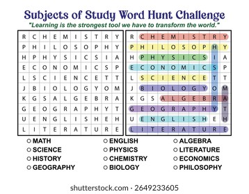 A word search puzzle featuring subjects of study like chemistry, biology, and literature, with some answers highlighted.