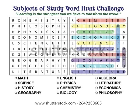 A word search puzzle featuring subjects of study like chemistry, biology, and literature, with some answers highlighted.