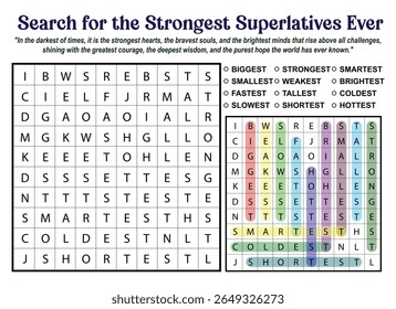 Quebra-cabeça de busca de palavras com adjetivos superlativos, com algumas palavras destacadas. Jogo educacional para criação de vocabulário e habilidades cognitivas.