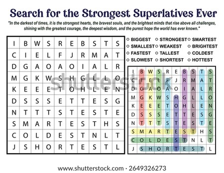 Word search puzzle featuring superlative adjectives, with some words highlighted. Educational game for vocabulary building and cognitive skills.