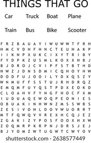 Word search puzzle featuring transportation words educational game for children