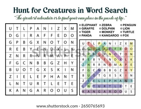 A word search puzzle featuring various animals, with a solved version showing the found words highlighted in different colors.