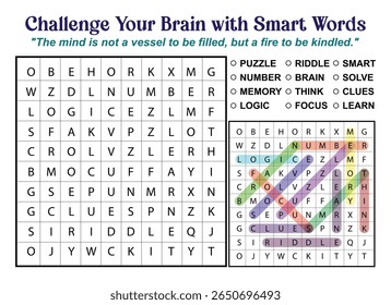 Um quebra-cabeça de busca de palavras com palavras como quebra-cabeça, enigma, inteligente, número, cérebro e muito mais, com uma citação sobre a mente.