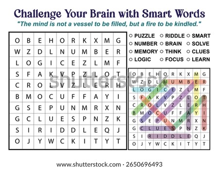 A word search puzzle featuring words like puzzle, riddle, smart, number, brain, and more, with a quote about the mind.