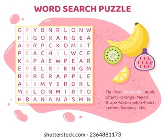 Word search puzzle with fruits and berries.