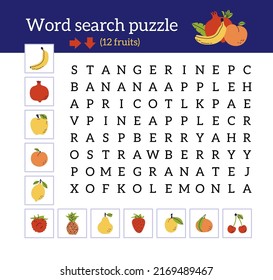Word search puzzle. Fruits collection. Orange, pomegranate, apricot, banana, pineapple, cherry, apple, tangerine, strawberry, pear, peach and raspberry