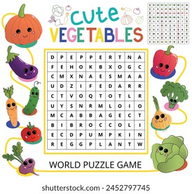 Word search puzzle. Fun educational game for children and preschoolers to learn names of vegetables. Worksheet with cute food characters and quiz. Cartoon flat vector illustration on white background