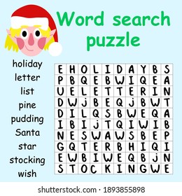 Word search puzzle with funny elf game vector. Educational game for winter home pastime printable worksheet. Find and mark all hidden words in puzzle. Children funny activity page. One of a series