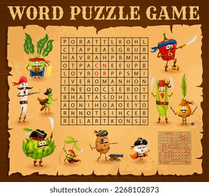 Word search puzzle game cartoon vegetable pirates and corsairs characters. Vector crossword worksheet, kids quiz grid with potato, olive, peas and corn. Pepper, kohlrabi and mushroom or daikon veggies