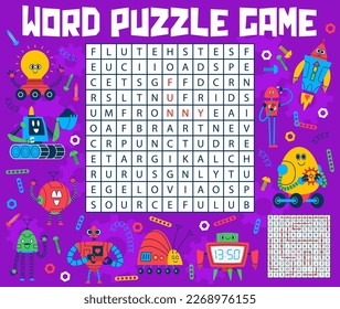 Word search puzzle game of cartoon robots and droids toys. Vector kids quiz worksheet with funny android computer assistant, friendly space machine and loving humanoid cyborg. Square maze of word game