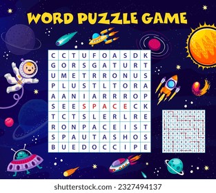 Word search puzzle game. Cartoon cheerful astronaut, fast ufo and rocket spaceships, galaxy space planets and stars. Vector crossword worksheet, quiz grid. Brainteaser for children, language task